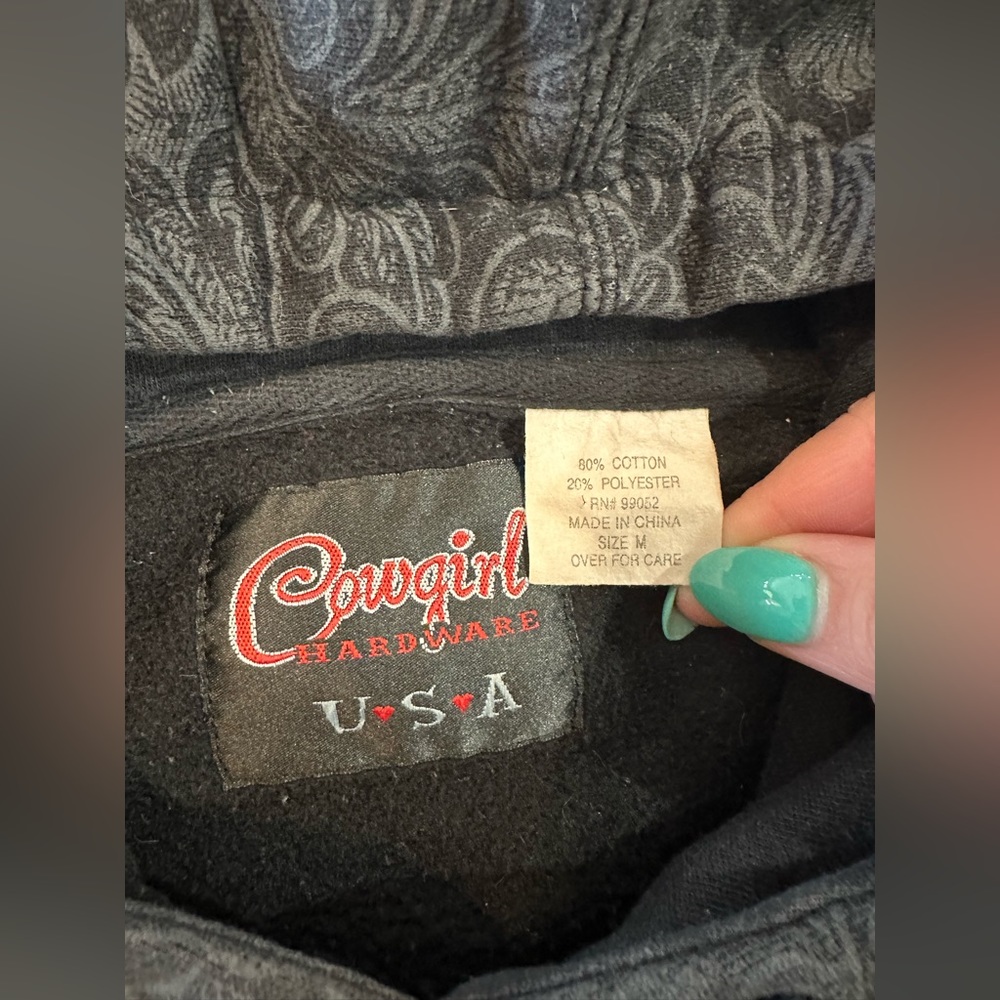 Cowgirl Hardware Black Grey Paisley Hoodie Blue Logo Rhinestones Bling Heart M - Picture 8 of 15